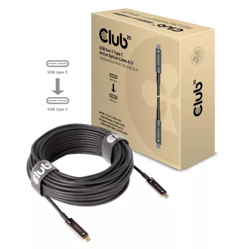 Club3D USB Gen 2 Type C 4K60Hz Active Optical Cable A/V Unidirectional M/M 20m Fekete