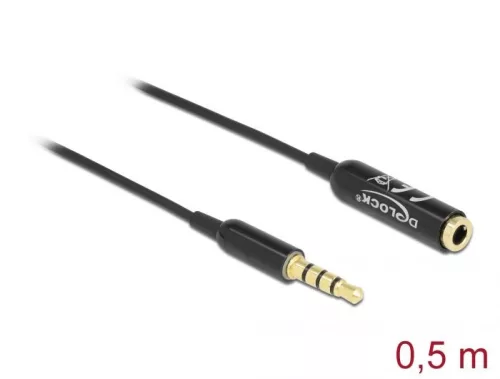 DeLock Audio Extension Cable Stereo Jack 3.5mm 4 pin male to female Ultra Slim 0,5m Fekete