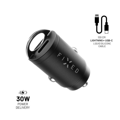 FIXED Dual USB-C Car Charger 30W + USB-C/Lightning Cable Fekete