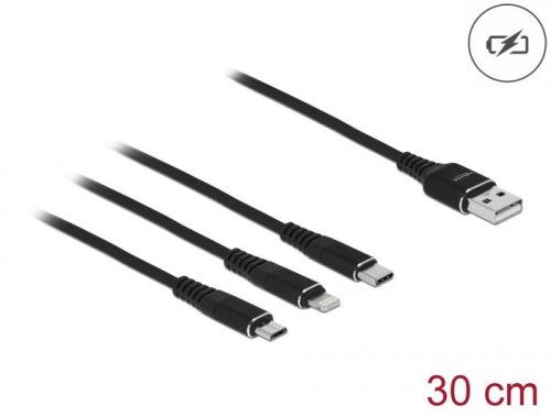 DeLock USB Charging Cable 3in1 Type-A to Lightning/Micro USB/USB Type-C 0,3m Fekete