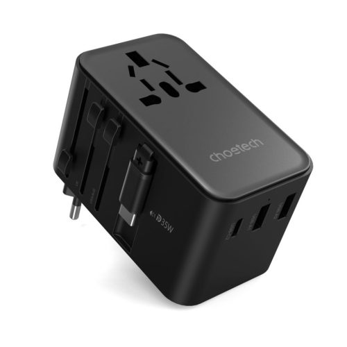Choetech  PD5020 35W EU/US/AUS/UK Travel Adapter with Built-in USB-C Cable Fekete