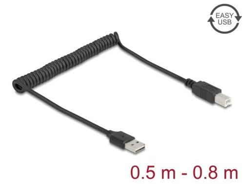 DeLock Coiled Cable EASY-USB 2.0 Type-A male to USB Type-B male 0.5 m to 0,8m Fekete