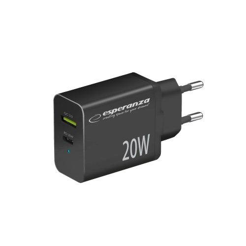 Esperanza Quich Power Charger 20W USB-C PD 20W / USB-A QC 3.0 18W Fekete