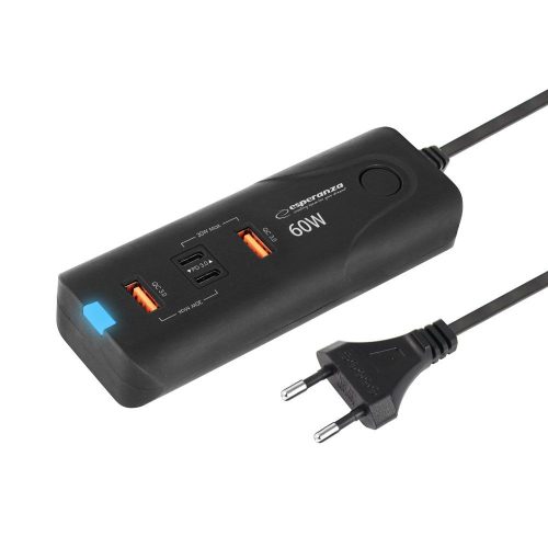 Esperanza EZC109 Quick Power Charger 60W 2x USB-C PD 30W / 2x USB-A QC 3.0 18W Fekete
