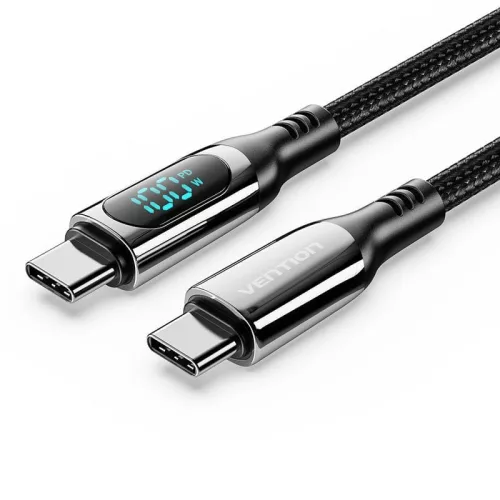 Vention Cotton Braided USB 2.0 C Male to C Male 5A Cable With LED Display 1,2m Fekete