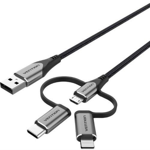 Vention USB 2.0 A Male to 3-in-1 Micro-B&USB-C&Lightning Male Cable 1m Grey