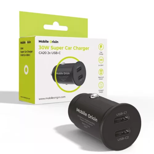 Mobile Origin 30W Super Car Charger CA20 - 2x USB-C Fekete