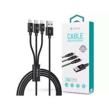   DEVIA USB TÖLTŐKÁBEL 1,2 M-ES VEZETÉKKEL - Micro USB - TYPE-C - LIGHTNING - FEKETE