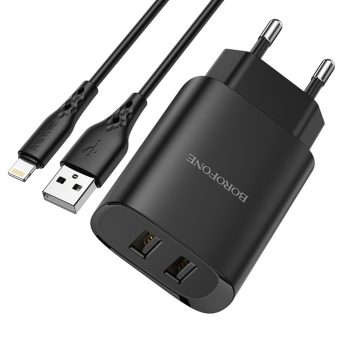   Borofone BN2 Töltőfej 2.1A + Apple Lightning kábel 1 m - FEKETE