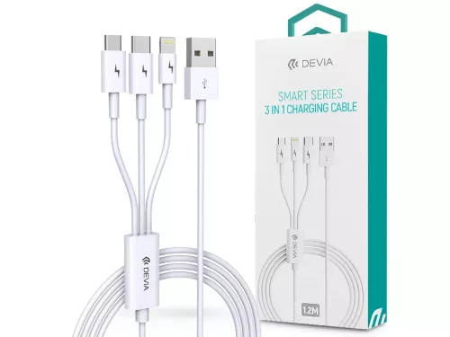 DEVIA USB TÖLTŐKÁBEL 1,2 M-ES VEZETÉKKEL - Micro USB - TYPE-C - LIGHTNING - FEHÉR