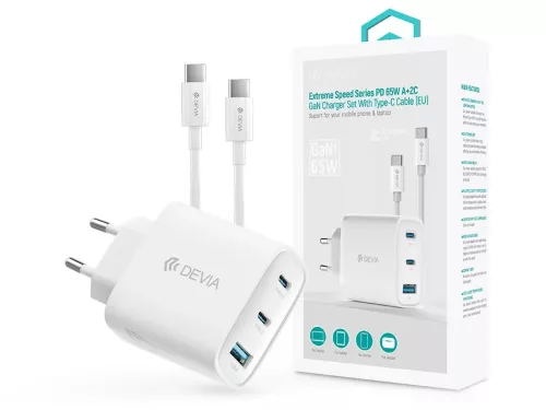 Devia Extreme Speed Series 65W GaN PD hálózati gyorstöltő adapter USB+2xType-C+Type-C kábel - fehér