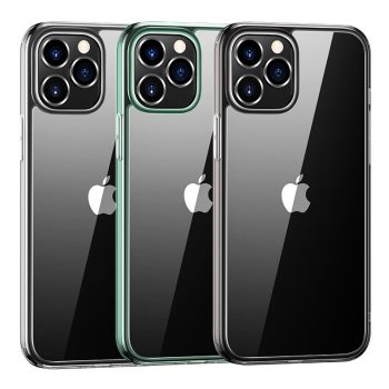   USAMS MINNI ütésálló tok, átlátszó, zöld bumperes, iPhone 12 Pro Max
